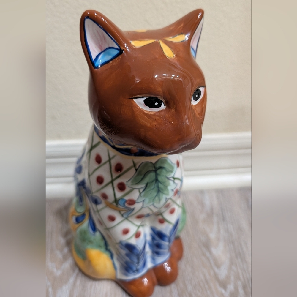 Vibrant Hand Painted Ceramic Cat Figurine - Picture 2 of 6